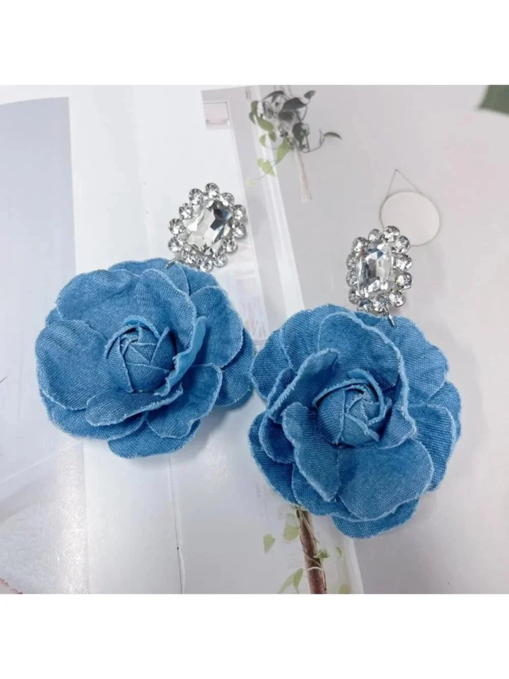 Boho Denim Floral Dangle Earrings for Women - Big Statement Hoop Jewelry